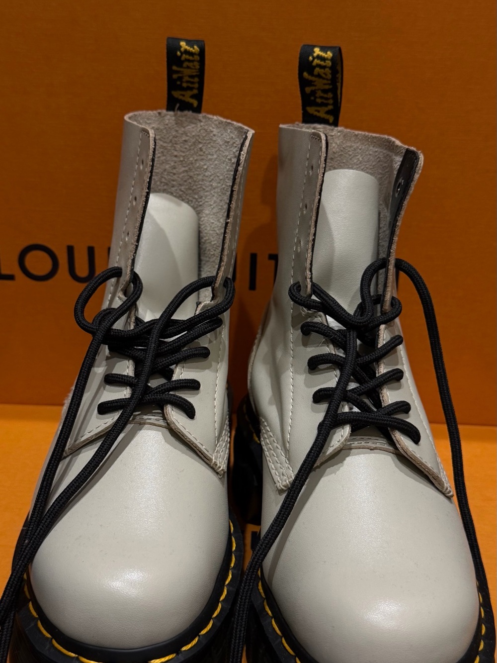 Dr. Martens White Leather Combat Boots with Black Laces